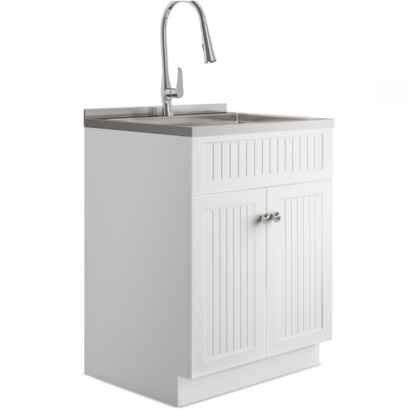 JERFIT 34.25" White Laundry Room Sink Cabinet with Pull-Down Faucet, Stainless Steel Sink, Storage for Utility Room, Mudroom