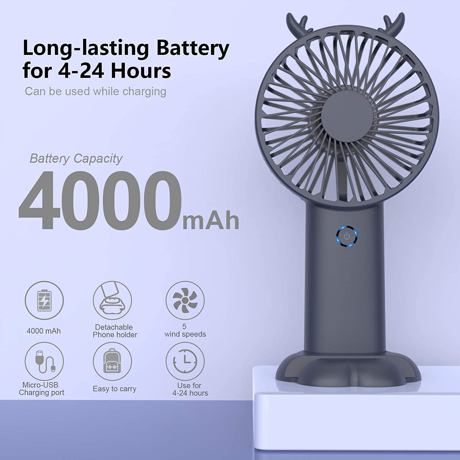 4000mAh Battery Operated Rechargeable mini Dark Blue Personal Handheld Fan 