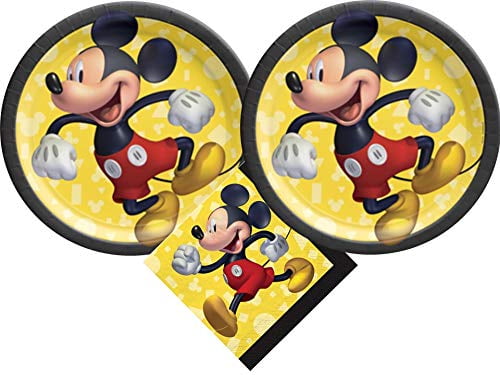Mickey Mouse Party Supplies Bundle with Cake Plates and Napkins for 16 Guests