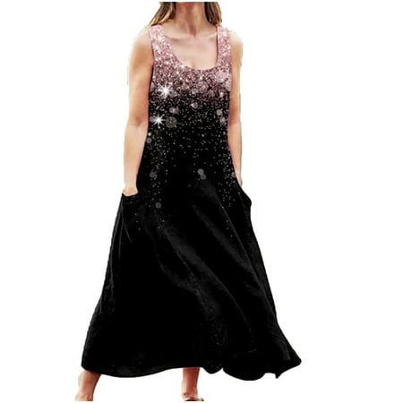 

YanHoo Women s Summer Dresses Crew Neck Sleeveless Pocket Dress Loose Casual Printed Tank Dress for Beach Holiday