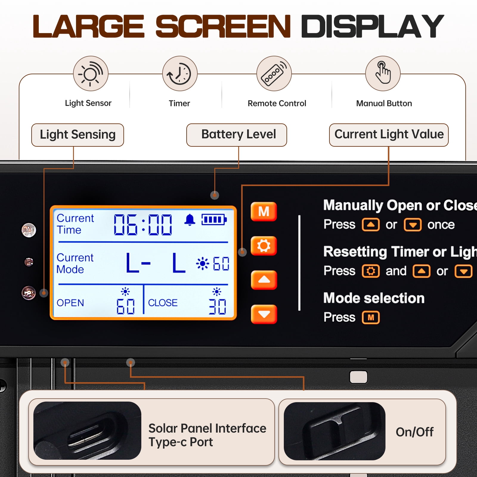 Automatic Chicken Coop Door Solar Powered with Timer & Light Sensor, Remote Control, LCD Display, Anti-Pinch & Alert, 4 Modes Aluminum Alloy Auto Chicken Coop Door Solar, Upgrad Large Door