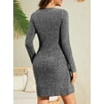 thumbnail image 4 of Fancyglim Long Sleeve Dress for Women Crewneck Buttons Side Knitted Tunic Sweater Mini Dresses with Pocket Gray XL, 4 of 6