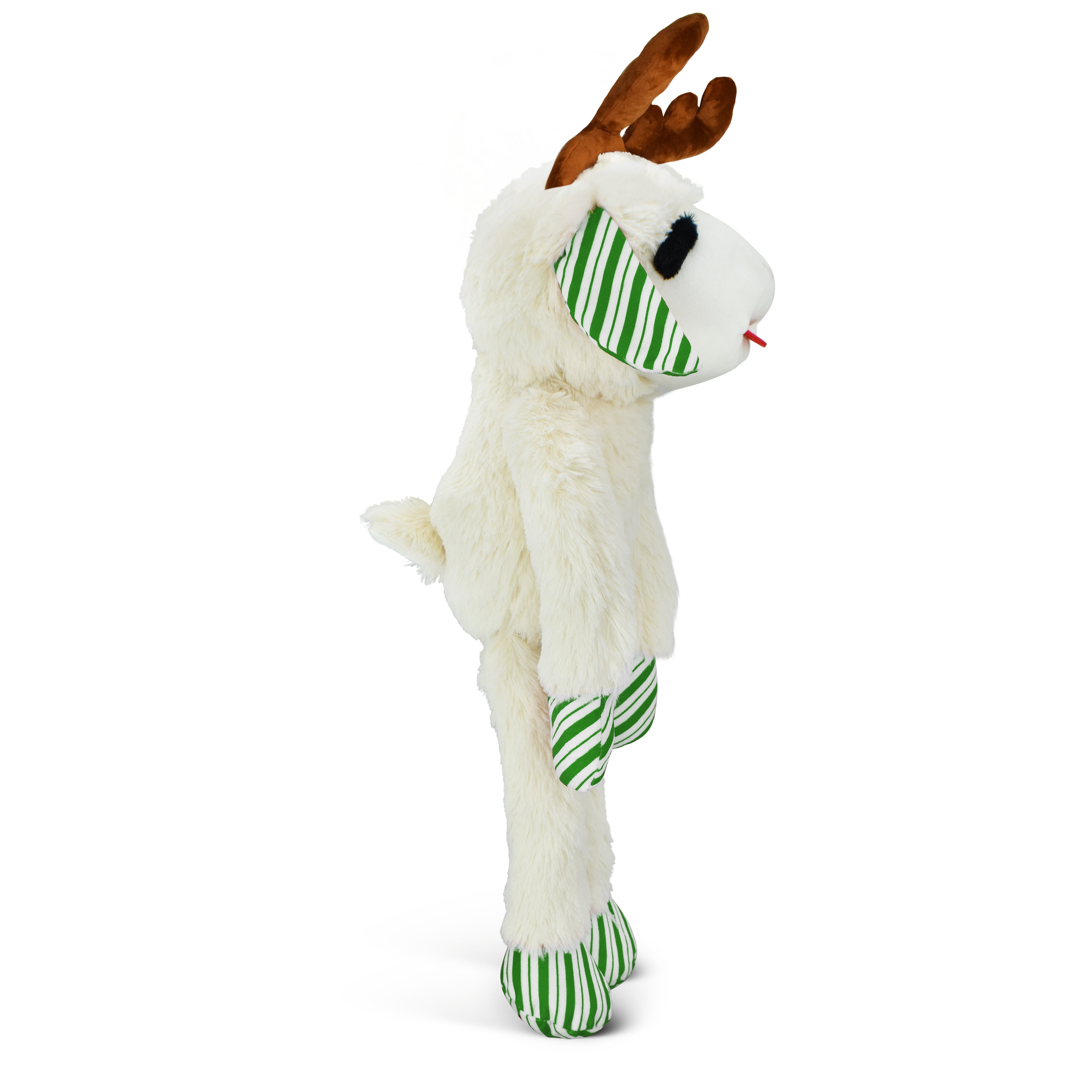 Multipet Plush Jumbo Holiday Lamb Chop Reindeer Dog Toy, Squeaker, Green and White Striped Paws with Reindeer Antlers, 19"