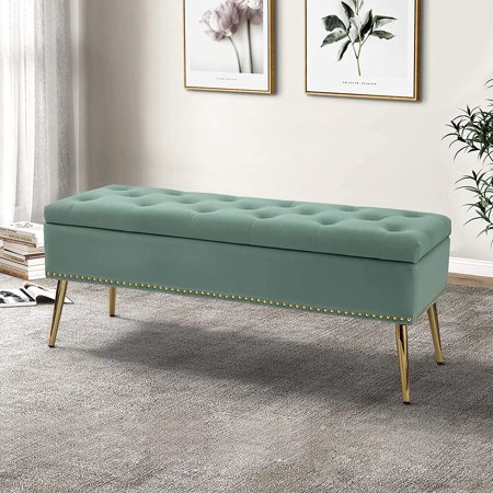 HULALA HOME Modern Velvet Storage Ottoman with Gold Base & Nailhead Trim, Upholstered Bedroom for End of Bed, Button-Tufted Footstool for Entryway Living Room Dining Room, Sage