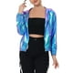 thumbnail image 1 of CHAQUETA METÁLICA BRILLANTE CON CAPUCHA Y CREMALLERA PARA MUJERES INSPIRE CHIC, LARGA Y DE MANGA LARGA, TAMAÑO S AZUL, 1 of 5