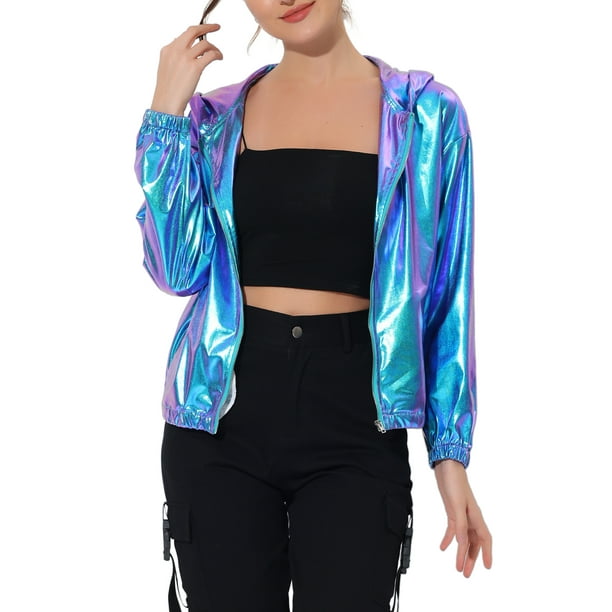 CHAQUETA METÁLICA BRILLANTE CON CAPUCHA Holográfica para Mujeres INSPIRE CHIC de Manga Larga y Cremallera XL Azul