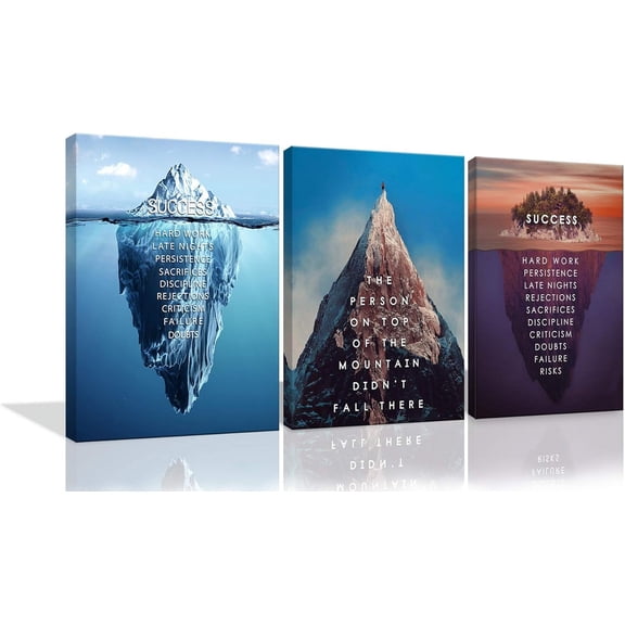 3 Pieces Success Icebery Motivational Wall Art Mountain Island Painting Canvas Print Office Decor Inspiring Framed Prints Inspirational Quotes for Wall Art Decoration Ready to Hang