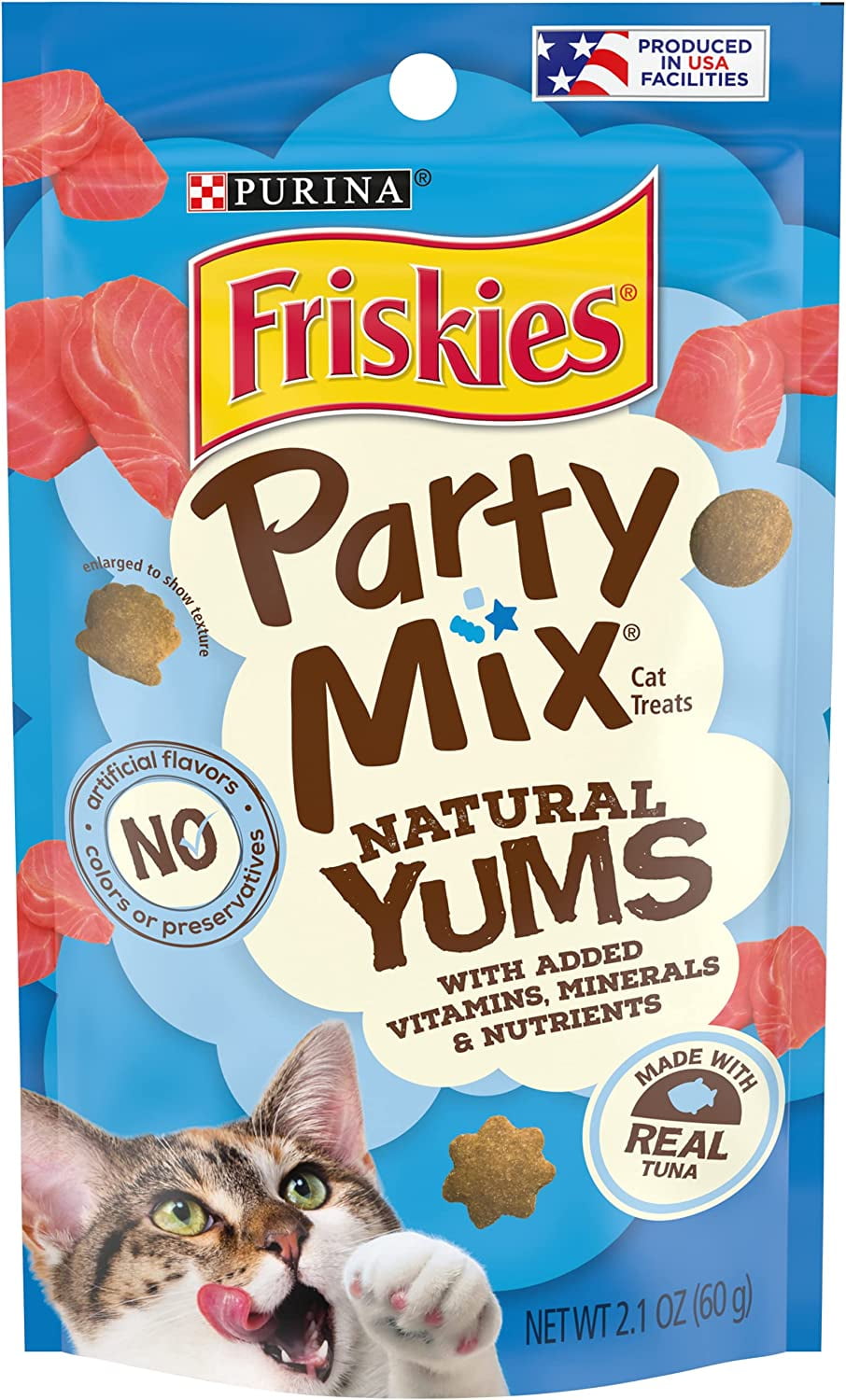 Purina Friskies Party Mix Cat Treats, Natural Yums with Added Vitamins, Minerals & Nutrients, Made with Real Tuna, 2.1-Ounce Resealable Pouch (Pack of 6)