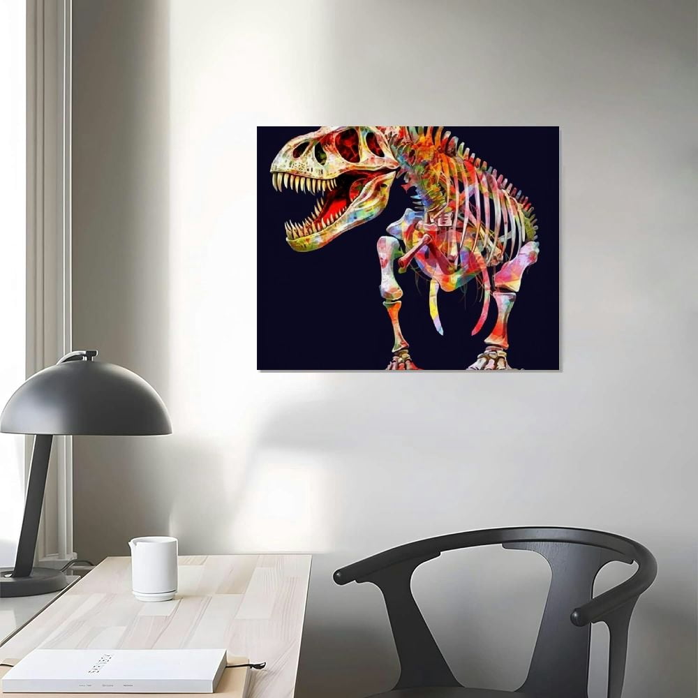 JRXY   Dinosaur Wall Art Black White Dinosaur Fossil Canvas Painting Wild Animal Picture T-Rex Poster Framed Art Prints for Kids Room Boys Bedroom Bathroom Home Nursery Decor 20x16in