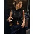thumbnail image 5 of Women's Lace Mandarin Collar Guipure Split Tank Top Sleeveless Shirt Blouses Black S, 5 of 7