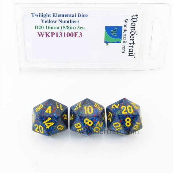 Twilight Elemental Dice with Yellow Numbers 16mm (5/8in) D20 Pack of 3 Wondertrail