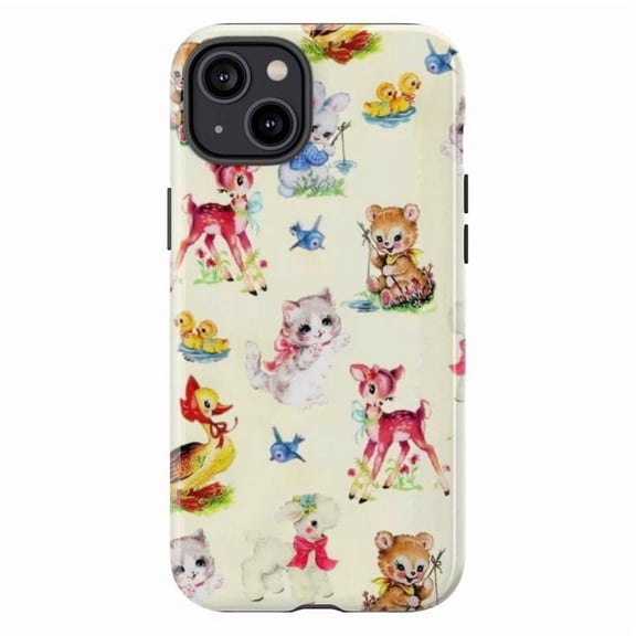 Vintage Animal Print Phone Case, Cute Illustration of Kittens, Puppies, and Deer iPhone Cover, Adorable Protective Case for iPhone 17 16 15 14 13 12 11 Pro Plus Mini