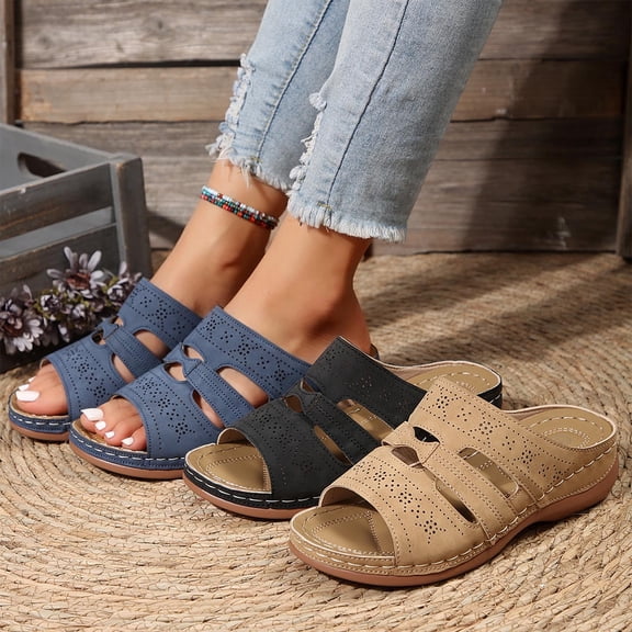 Tbopshirt Orthopedic Slides for Women with Arch Support Dressy Wide Width Causal Open Toe Wedge Heels Solid Color Trendy Casual Beach Vacation Summer Sandals