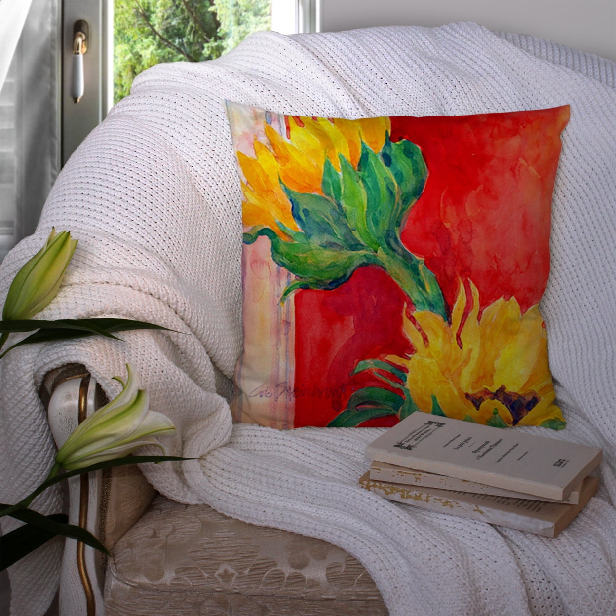Carolines Treasures 6111PW1414 Flower - Sunflower Decorative   Canvas Fabric Pillow 14Hx14W multicolor