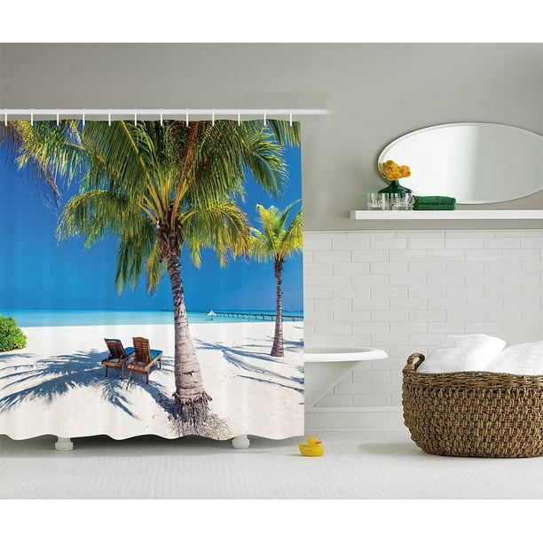 Romantic Decor Shower Curtain Set By , Tropical Island And Palm Trees