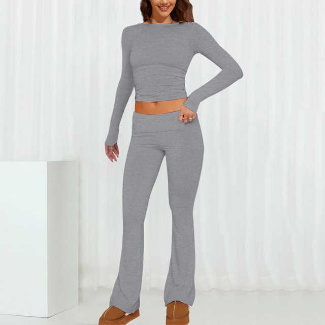 WILLBEST Womens Fall Tops 2025 Women Two Piece Outfit Basic Long Sleeve Crop Top and Low Rise Flare Pants Set 2 Piece Yoga Tracksuit