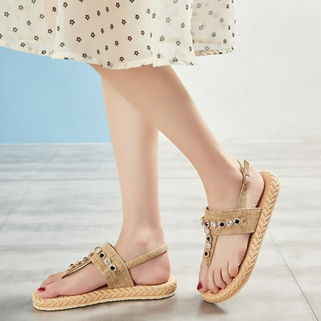 

Lydiaunistar Women s Summer Flat Shoes Hemp Rope Colored Diamond Open Toe Shoes Woven Sandals Khaki 6.5()
