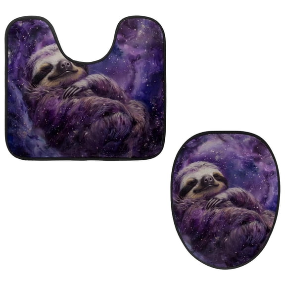 PhooArto Toilet Lid Cover and U-Shaped Toilet Floor Mat Set of 2 Pieces, Purple Galaxy Sloth Toilet Mat Set, Machine Washable Seat Covers Non-Slip Absorbent Rugs