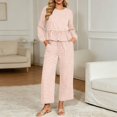 thumbnail image 2 of Szluipve 2 Piece Sets for Women Gingham Plaid Round Neck Long Sleeve Ruffle Peplum Top And Drawstring Wide Leg Cropped Pants 2 Piece Outfit Casual Loungewear Set With Pockets Pink XL, 2 of 6