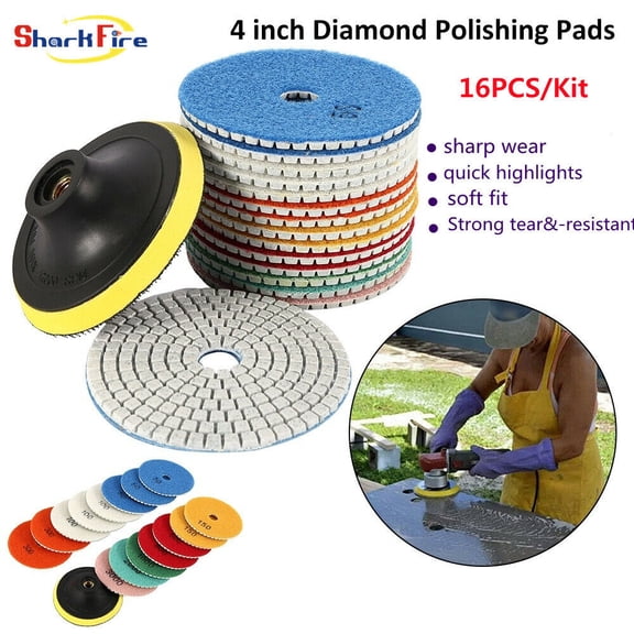 Diamond Polishing Pads 4 inch Wet Dry 16 Piece kit Granite Stone Concrete Marble