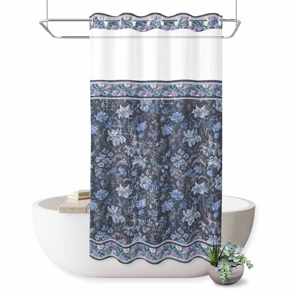 No Hook Shower Curtain, Navy Blue Floral Shower Curtains for Bathroom with See Through Top Window, Ethnic Tribe Abstract Art Flowers Waterproof & Washable Bath Curtain Stand Up Stall 36"x72"