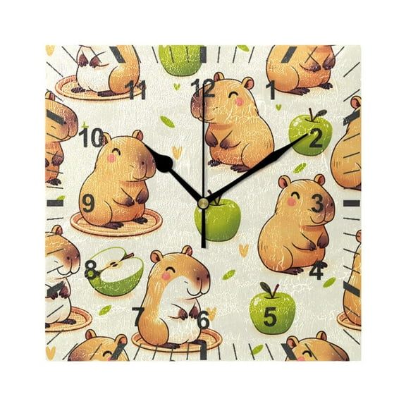 Capybara with Apple Wall Clock Battery Operated Silent Non-Ticking Bedroom Office Kitchen Home School Decor 7.8"(Black)