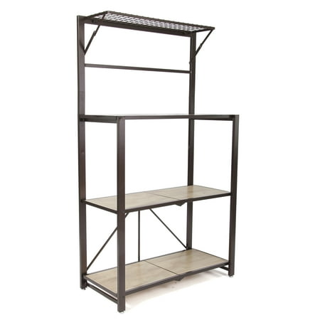 Origami Heavy Duty Durable Organizational Baker's Rack with Wood Shelf, Brown