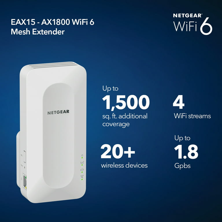 NETGEAR - AX1800 WiFi 6 Mesh Range Extender and Signal Booster, Wall-plug,  1.8Gbps (EAX15)