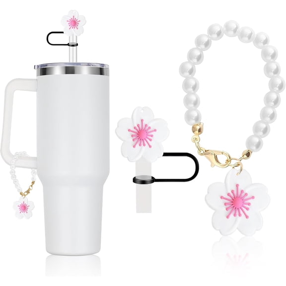 Straw Cover for Stanley Cup with Pearl Charm - Cute Flower - fit 0.4in / 10mm Straws Silicone Topper Cover Cap for 30&40 Oz Tumbler with Handle, Tumbler Cup Accessories