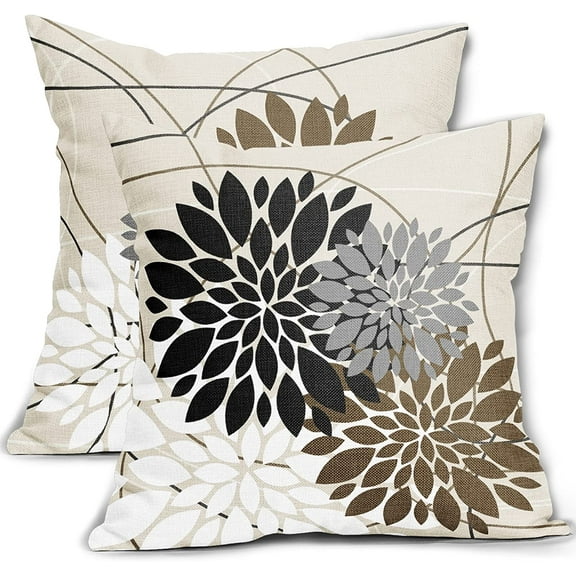 Black Brown Pillow Covers 18x18 Inch Dahlia Flower White Gray Elegant Colored Throw Pillows Farmhouse Outdoor Decor for Home Living Room Sofa Bed Modern Floral Linen Square Cushion Case, Set of 2