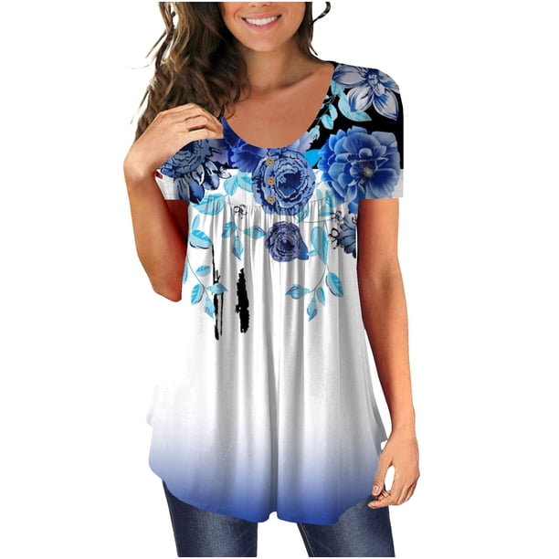 Moda Mujer Causal Rounk Cuello Impresión Blusa Manga Corta Camiseta Verano Tops Fridja bn5475