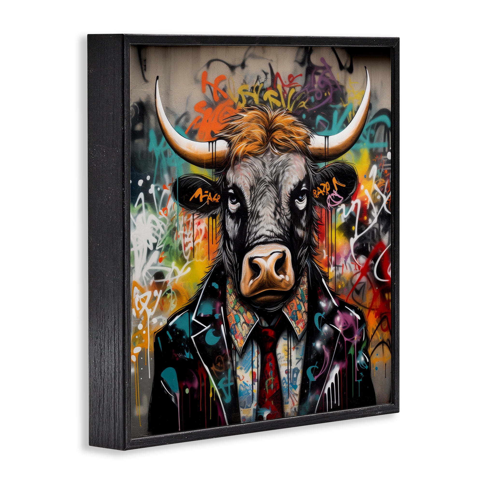 Stupell Industries Urban Graffiti Bull Animals & Insects Painting Black Framed Art Print Wall Art, 12 x 12