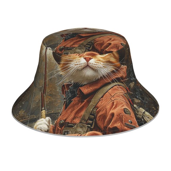Reflective Bucket Hat Breathable Sun Hats Outdoor Travel Cap , Cat Fishing Retro