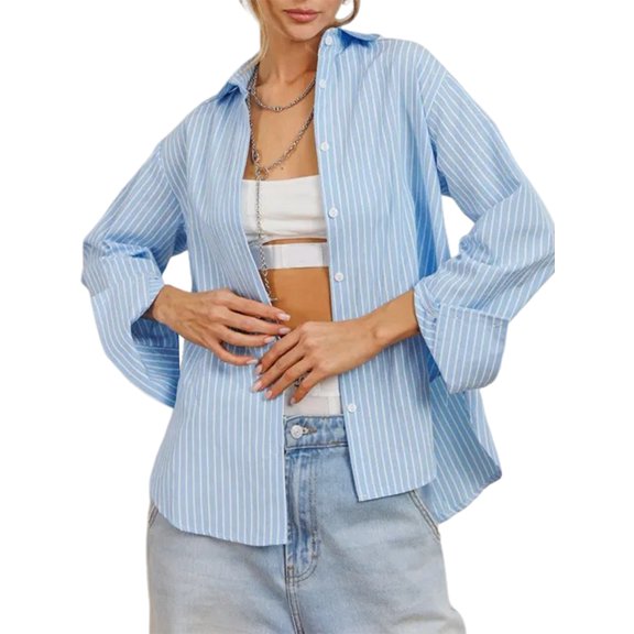 Striped Button Down Shirts for Women Dress Shirt Long Sleeve Collared Business Blouse Tops Light Blue XXL