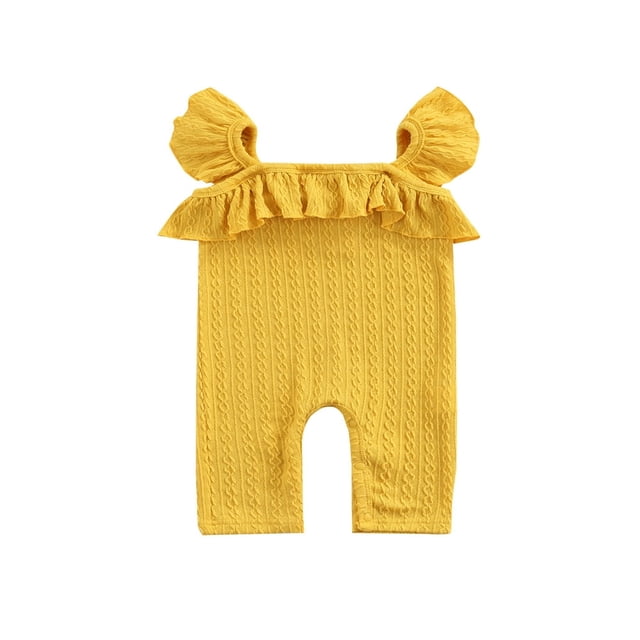 Infant Baby Sleeveless Romper Cute Solid Color Ruffle Strap Cable Knit Snap Leg Jumpsuit