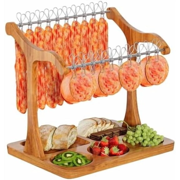 Bacon Display Rack,Patented Design Acacia Bacon Clothesline Serving Tray,Charcuterie Boards with Double Hangers,Exquisite Bacon Tray Holder for Parties,Weddings,Housewarming Gifts