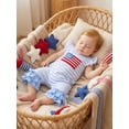 thumbnail image 6 of BemeyourBBs Newborn Baby Girl 4th of July Outfit Patriot Independent Day Clothes Summer One Piece Romper Fly Sleeve Stripes USA Flag Letters Casual Ruffled Jumpsuit Baby Fourth of July Outfit, 6 of 9