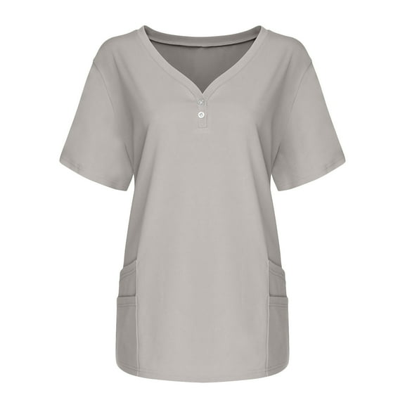 JGGSPWM Women's Scrub Tops V Neck Short Sleeve Tees with 4 Pockets Blouse Professional Medical Workwear T-shirts Working Uniform Solid Butto Up Gray XL