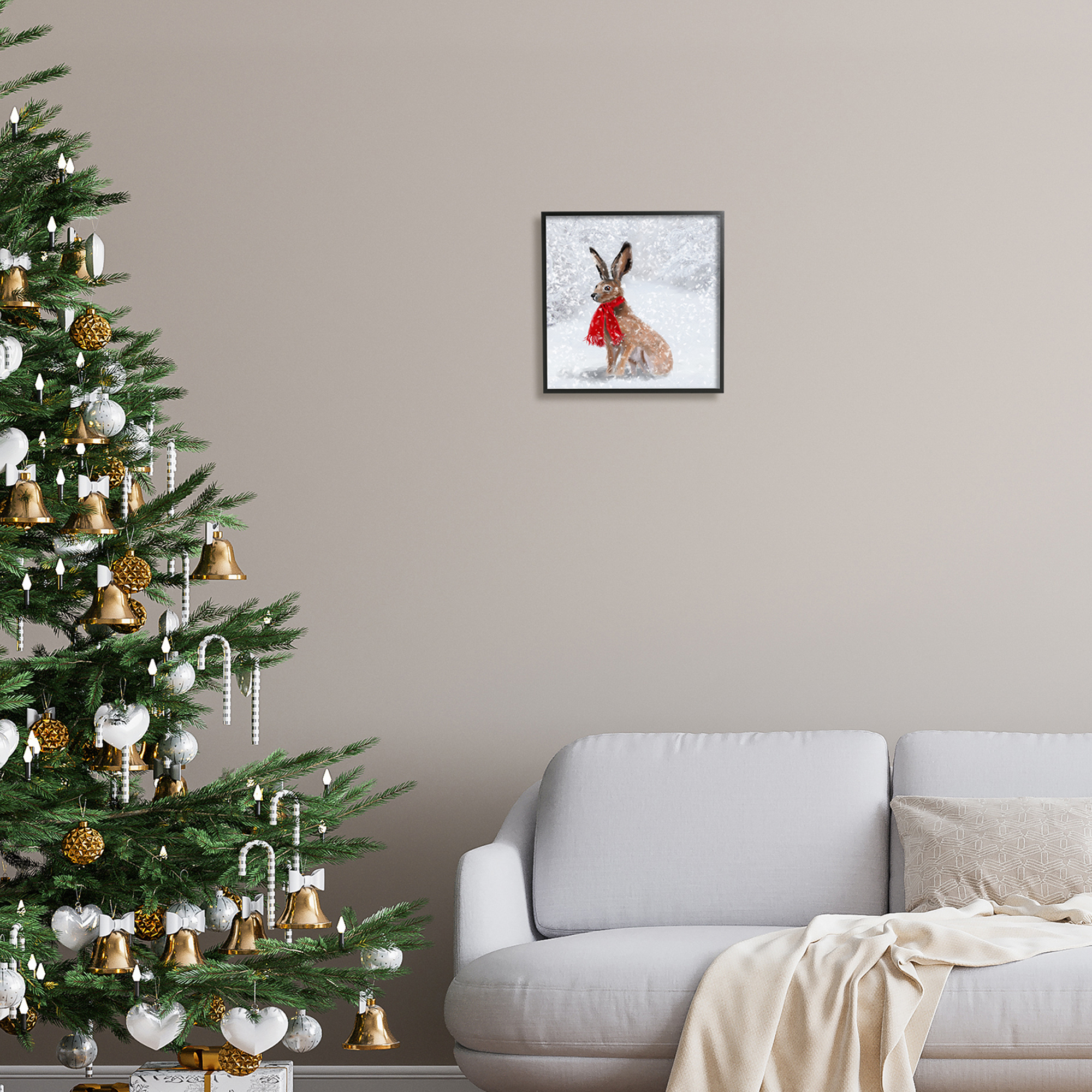 Stupell Industries Winter Rabbit Scarf Landscape Holiday Painting Black Framed Art Print Wall Art