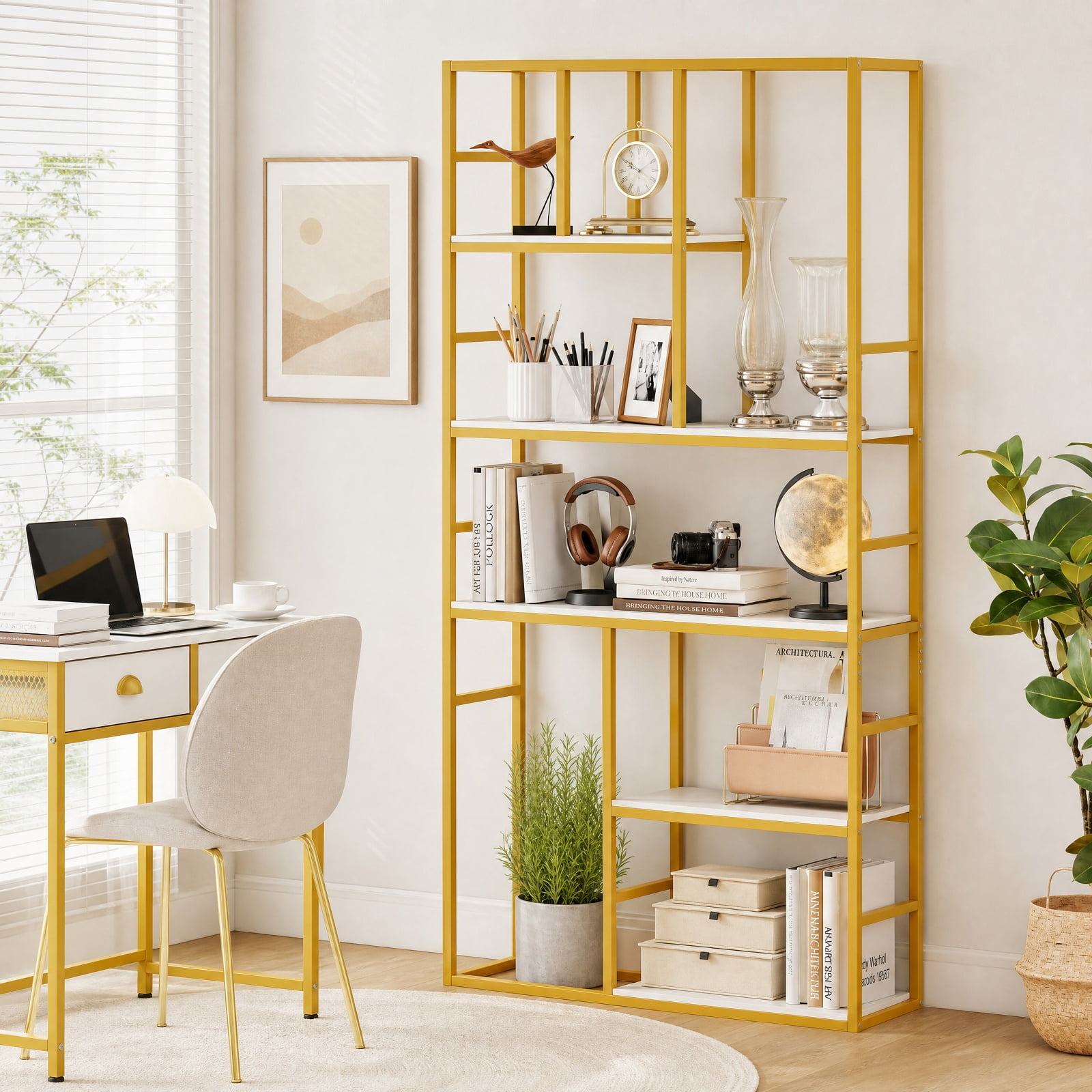Furnibear 71 Inch Tall Bookshelf Metal Frame 5-Tier Geometric Bookcase-White & Golden for Living Room Home Office Bedroom Display Storage Shelf, White