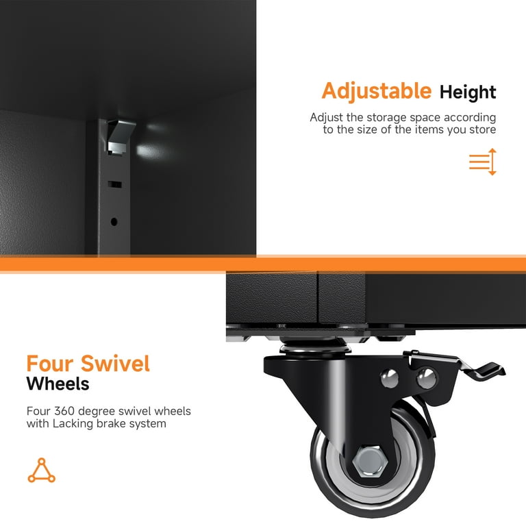 Coolsun Metal Garage Storage Cabinet with Locking Doors, 71" H Rolling Tool Storage Cabinet with Wheels, Tall Storage Cabinet with Adjustable Shelves for Office Home,Garage,Shop-Black