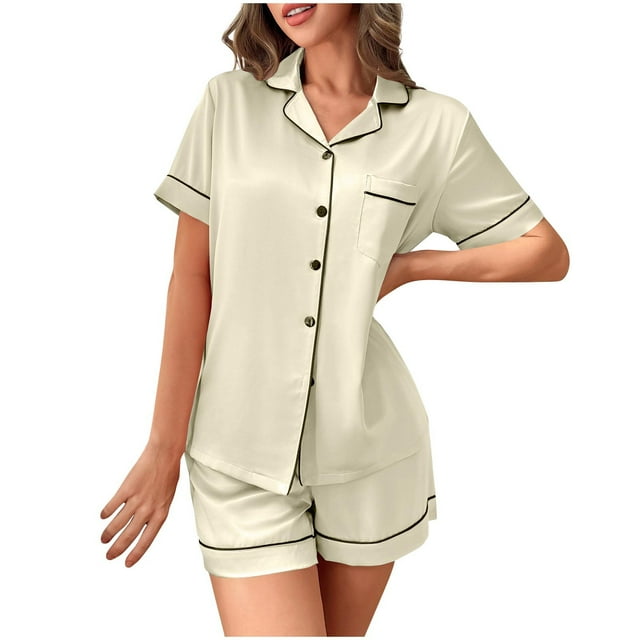 Ensemble de Pyjama en Soie pour Femmes, 2 Pcs, Shorts en Satin, Chemise à Col Boutonnée d'Été, Shorts Confortables pour la Maison, Jaune, G