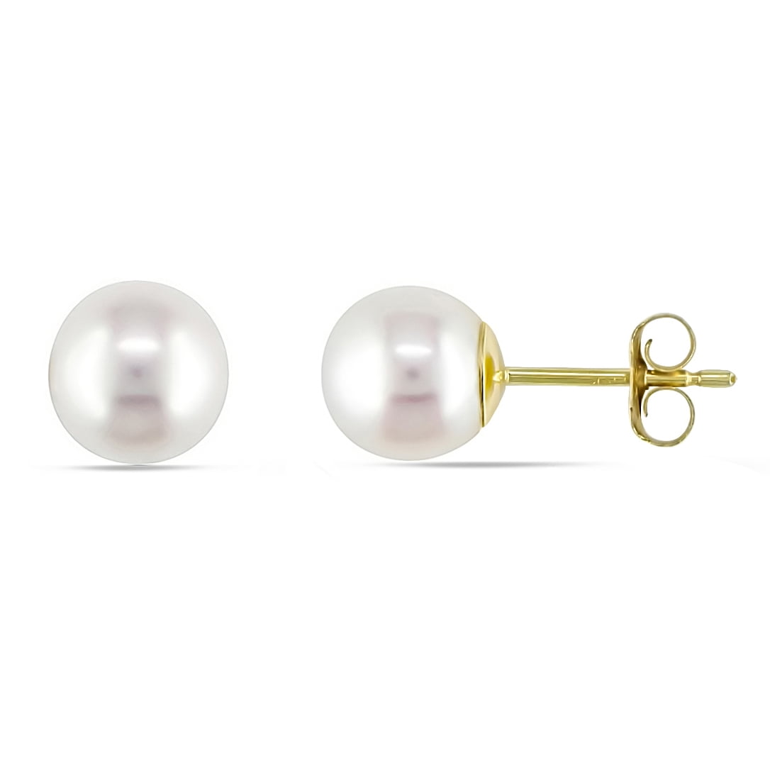 7-7.5mm White Round Cultured Pearl 14kt Yellow Gold Stud Earrings