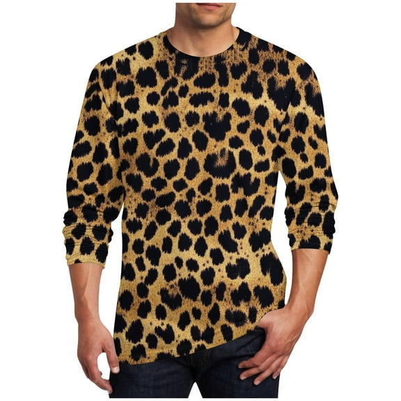 Tawop Men's T-Shirts Crew Neck Long Sleeve Pullover Graphic Leopard Workout Casual Coffee L