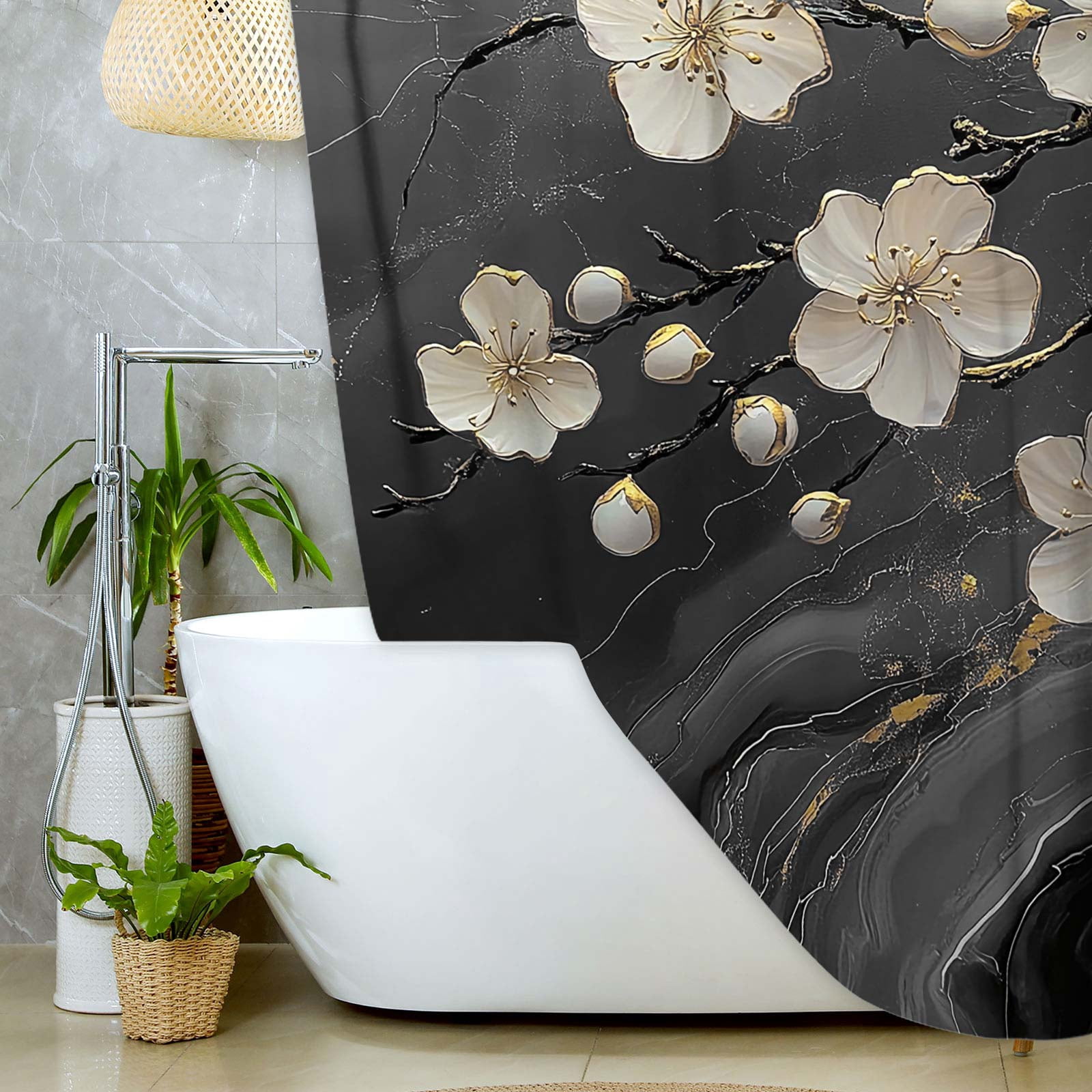 Black Grey Shower Curtain, Abstract Black Grey Marble 3D Floral Modern Luxury Shower Curtain Set for Bathroom, Waterproof Fabric Marble Bath Curtains with Hooks,72X72IN