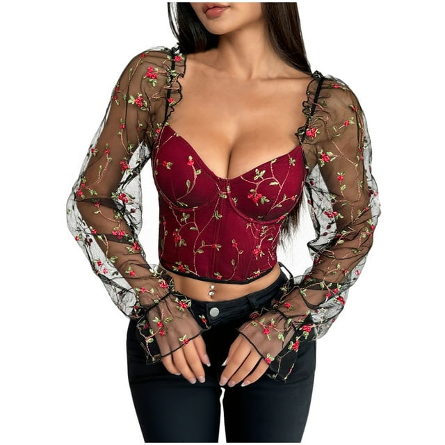 Top de moda para mujer con bordado de malla de retazos, top de manga larga de corte bajo, top de poliéster para mujer