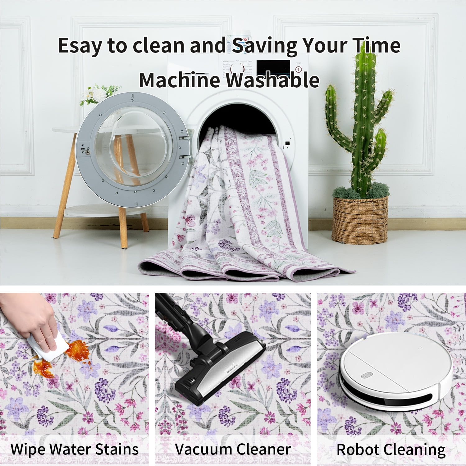 Wondo 4x6 Ft Purple Floral Area Rug - Machine Washable Low Pile Non-Slip Carpet, Boho Vintage Farmhouse Decor for Living Room, Bedroom, Nursery & Office