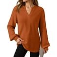thumbnail image 6 of WTOBBY Women's Long Sleeve V-Neck Casual Knit Top - Solid Color Waffle Texture Everyday Wear Spring Fall Fashion Tunic Blouse for Women, Stylish Comfort Stretch Fabric,Orange M, 6 of 6