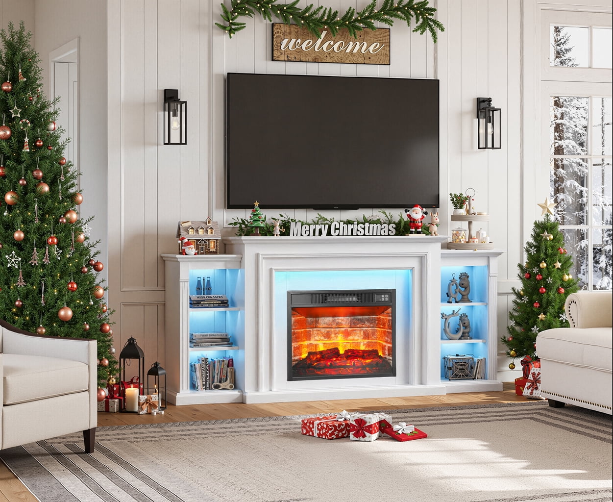 72-Inch Electric Fireplace TV Stand with Mantel, White Entertainment Center for TVs up to 80", Modern LED Media Console