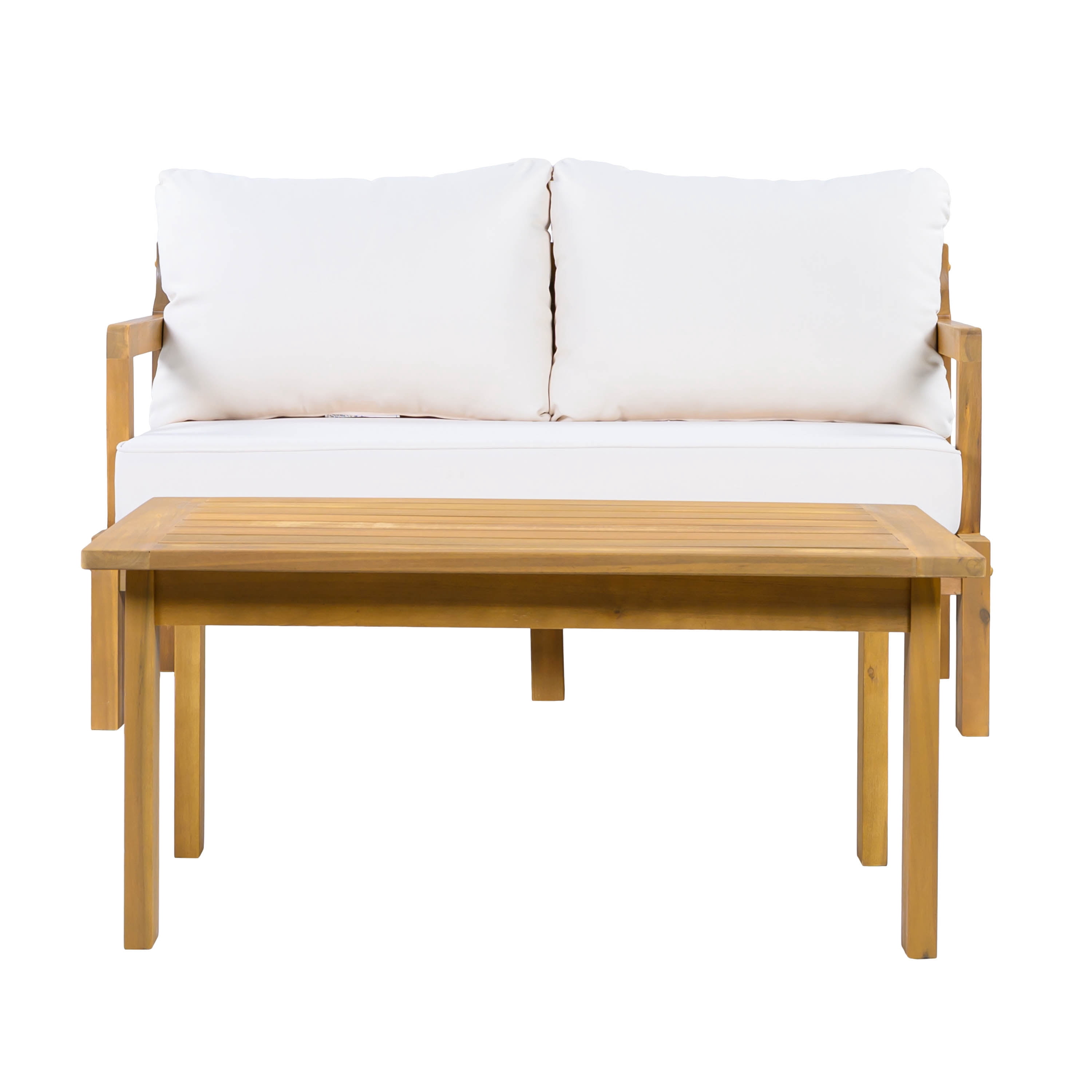 2 Piece Chat Set, Outdoor Acacia Wood Patio Furniture for Garden, Natural and Beige